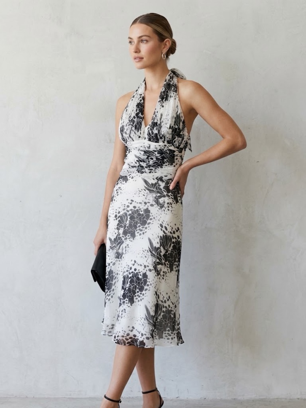 Vintage Tadashi 100% Silk Halter Cocktail Dress Black White Floral Ruched US 8